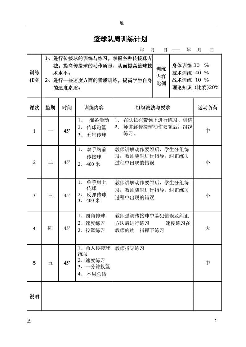 篮球队一周训练计划表格怎么写